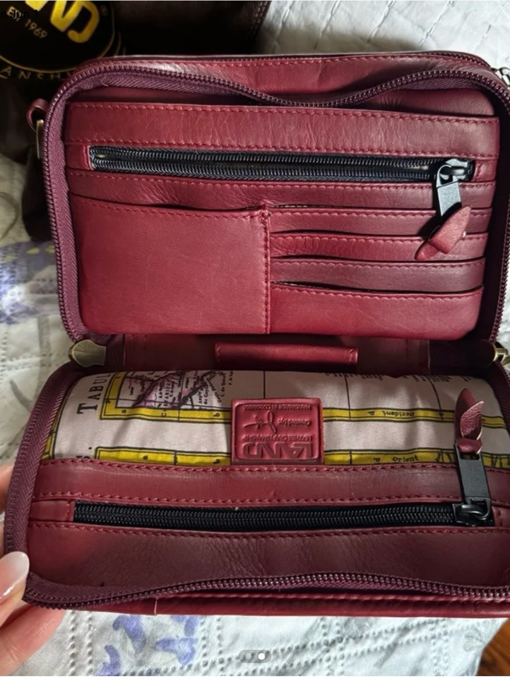 Land Leather Burgundy and Brown Zip Wallet crossbody - Picture 2 of 2